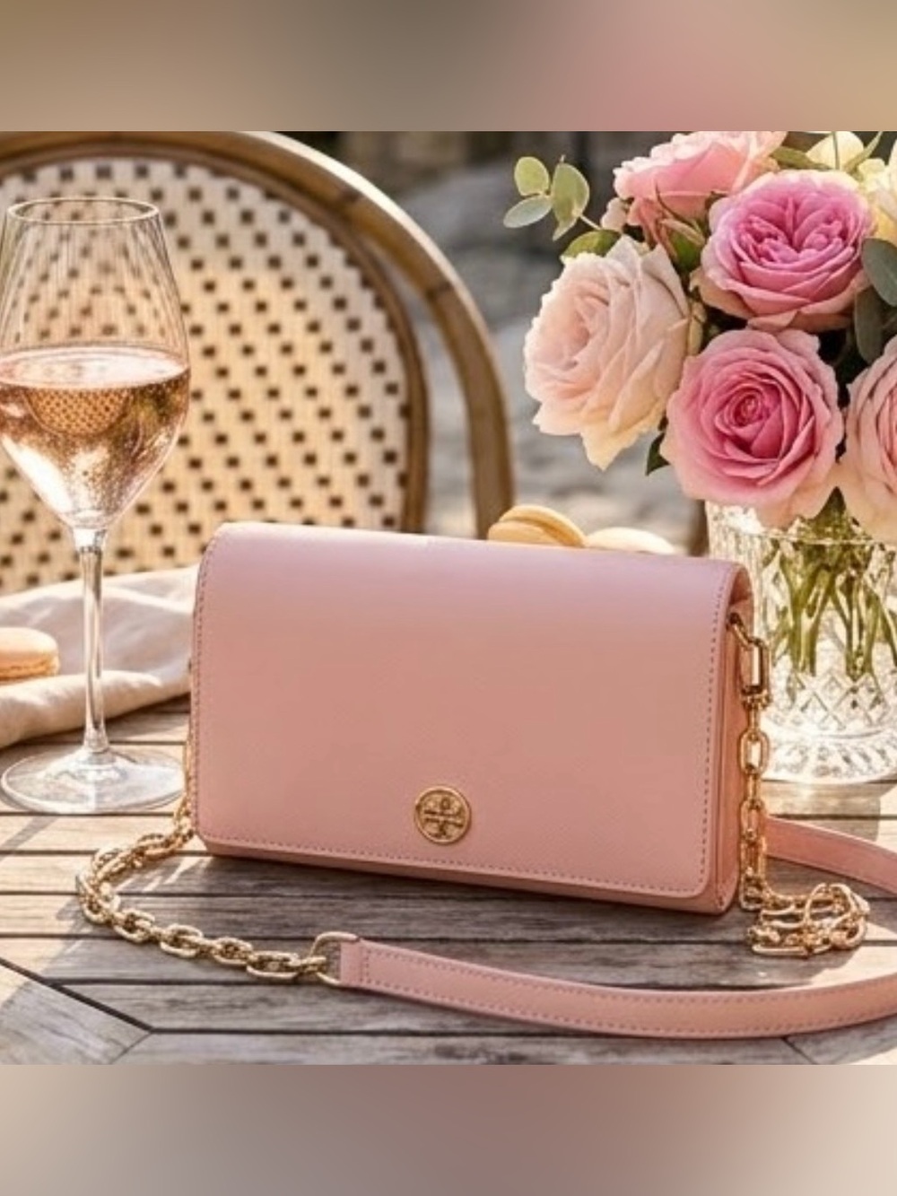 Tory Burch Robinson Saffiano Leather Chain Wallet Crossbody Bag - Pink Gold Logo